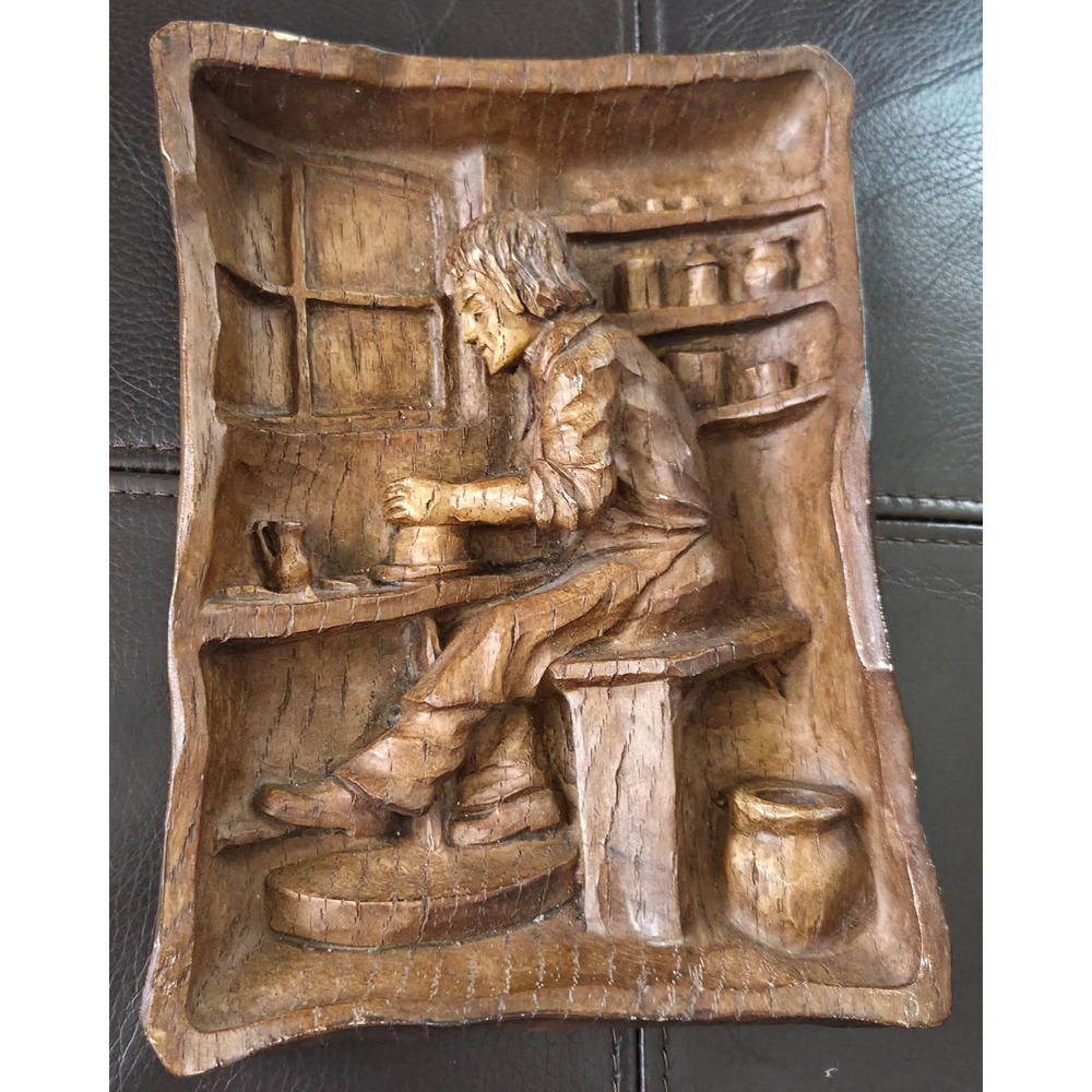 Vintage Hand Carved Wood Relief Plaque Potter at Wheel 3D Wall Art Folk Decor